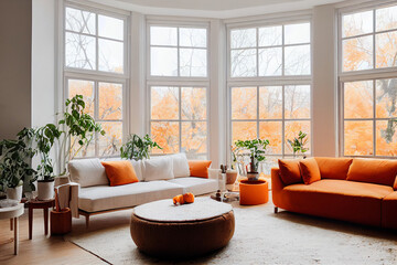 Contemporary living room in autumn colours, digital art - obrazy, fototapety, plakaty