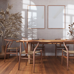 Wooden retro dining room in white and beige tones. Table with chairs, parquet, decors and frame mockup. Farmhouse interior design
