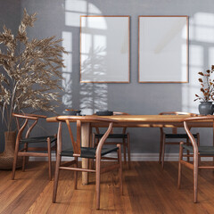 Wooden retro dining room in white and gray tones. Table with chairs, parquet, decors and frame mockup. Farmhouse interior design