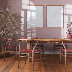 Wooden retro dining room in white and red tones. Table with chairs, parquet, decors and frame mockup. Farmhouse interior design