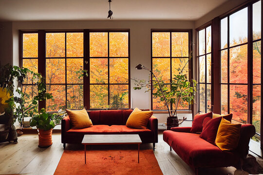 Cozy living room in autumn colours, digital art