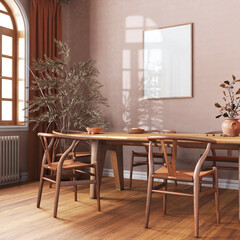 Scandinavian vintage dining room in orange and beige tones. Wooden table with chairs, parquet, decors and frame mockup. Farmhouse interior design