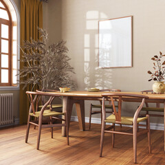 Scandinavian vintage dining room in yellow and beige tones. Wooden table with chairs, parquet, decors and frame mockup. Farmhouse interior design