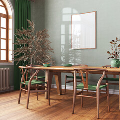 Scandinavian vintage dining room in green and beige tones. Wooden table with chairs, parquet, decors and frame mockup. Farmhouse interior design