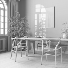 Total white project draft, scandinavian vintage dining room. Wooden table with chairs, parquet, decors and frame mockup. Farmhouse interior design