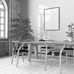 Blueprint unfinished project draft, scandinavian vintage dining room. Wooden table with chairs, parquet, decors and frame mockup. Farmhouse interior design
