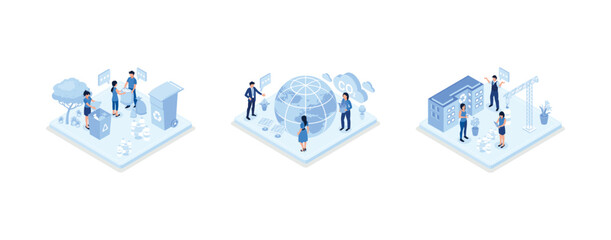 Environmental protection illustration set. Characters collecting plastic trash into recycling garbage bin, trying to reduce CO2 emission, working in green recycling industry, set isometric vector illu