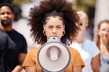 Freedom, revolution and megaphone with woman in protest event for community, support and leadership in rally. Global, social justice and human rights with gen z crowd for equality, future or politics - obrazy, fototapety, plakaty