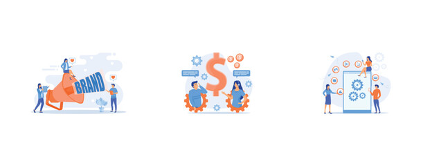 Naklejka premium Marketers with megaphone conducting brand awareness campaign, Customer has conversation on smartphone with assistant in real-time, SEO, website, software development, set flat vector modern illustrati