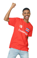 Naklejka premium Happy male football fan from Costa Rica with red jersey