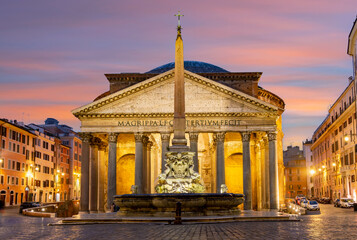 Ancient Pantheon building in Rome at night, Italy