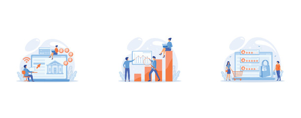 Tiny people with laptop and financial digital transformation, Marketers with magnifier research marketing opportunities chart, Tiny people customers rating online with reputation system program, set f