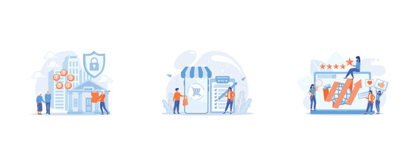 investing money on an account, Man doing purchases from shopping list, Online reputation management, set flat vector modern illustration
