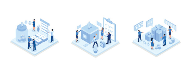 Volunteers Collecting and Putting Coins And Banknotes in Donation Jar, People Characters Putting Ballot Into Voting Box, People Characters Receiving Online Reward, isometric vector modern illustration