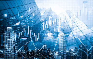 Financial graphs and digital indicators overlap with modernistic urban area, skyscrabber for stock market business concept. Double exposure.