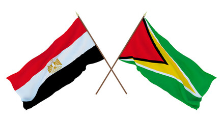 Background, 3D render for designers, illustrators. National Independence Day. Flags Egypt and Guyana