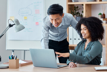 Business people, laptop and digital marketing collaboration in web design, website software and...