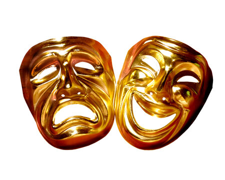 theatrical golden masks of tragedy and comedy, isolated