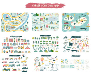 Custom map creation set for kids and travel designs with houses, animals, trees, plants, flowers, roads, cars and vehicles, airplane and weather items. Includes three designs of maps