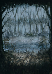 Autumn foggy cold forest fantasy landscape with black trees