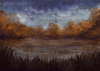 Autumn foggy Samhain forest and field fantasy landscape
