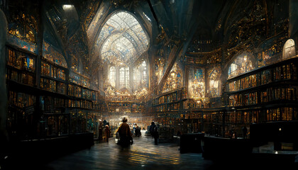 Fototapeta na wymiar AI generated image of the inside of a grand national public library in Paris 