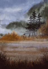 Autumn foggy Samhain fantasy misty mountains, forest and field landscape