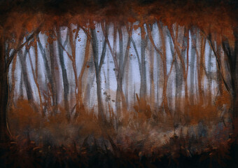 Autumn foggy Samhain forest fantasy landscape