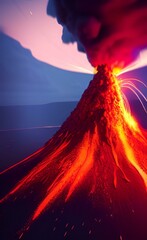 Drawing of an active volcano. Eruption. The mountain. Pillar of ash.