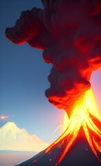 Drawing of an active volcano. Eruption. The mountain. Pillar of ash.