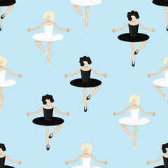 Seamless pattern with dancers of the Swan Lake ballet. Black and white swan dancers on a blue background. The concept of the opening of the theatrical ballet season. Banner of the opera house. © Olga Igumenova