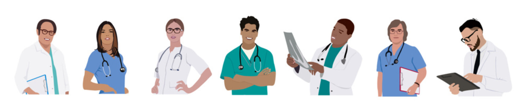 Set Of Smiling Doctors, Nurses, Radiologist And Paramedics. Portraits Of Male And Female Medic Workers In Uniform With Stethoscopes. Flat Cartoon Vector Illustration Isolated On White Background.