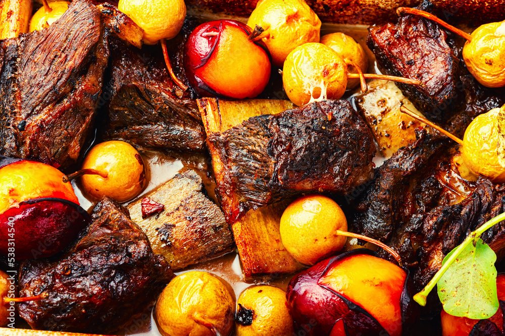 Canvas Prints Meat on ribs with fruits,close up,macro