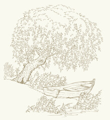 Vector drawing. Old boat on the lake under the branches of a willow - obrazy, fototapety, plakaty
