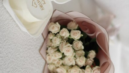 Bento cake decorated by golden inscription Happy Birthday. Cakes for one person. Vertical video