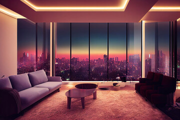 Luxury loft apartman interior, night city life, tokyo skyscrapers, metropolis background