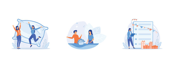 Fototapeta premium work from home online, concept of solving business problems, online collaboration meeting, set flat vector modern illustration