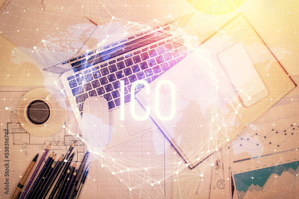 Poster Blockchain theme hologram drawings over computer on the desktop background. Top view. Multi exposure. Concept of cryptoeconomy.