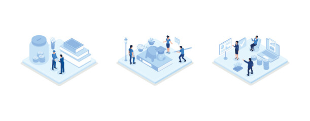 Finance and education, Student characters investing money in education and knowledge. Personal finance management and financial literacy concept, set isometric vector illustration