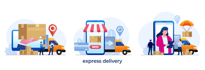 Express delivery concept, online delivery application, worldwide deliver, shopping package flat illustration vector