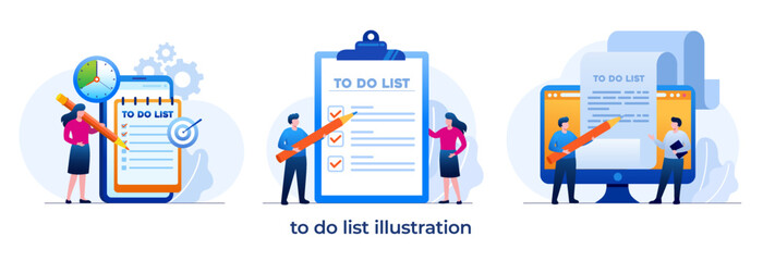 Fototapeta na wymiar Man stands with big check list, application to do list online. Successful time management, planning. Flat design vector illustration