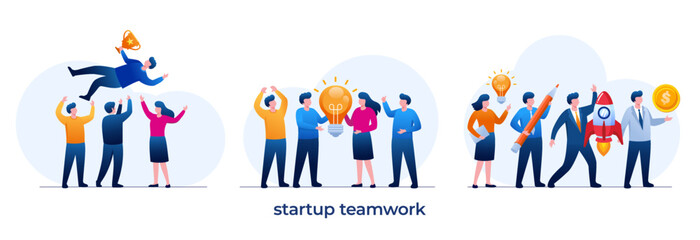 Working business teamwork, big idea, start up company, corporate, flat vector illustration banner