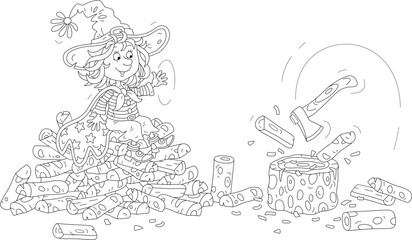 Happy little witch chopping firewood with an enchanted flying ax, black and white outline vector cartoon illustration