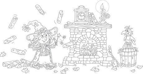 Happy little Halloween witch waving her magic wand and conjuring a funny trick with flying firewood for an old stone fireplace, black and white outline vector cartoon illustration