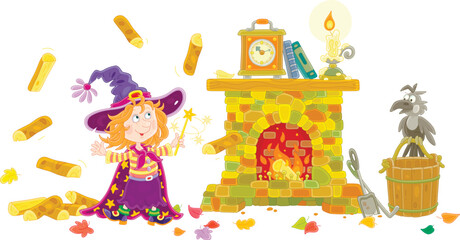 Obraz na płótnie Canvas Happy little Halloween witch waving her magic wand and conjuring a funny trick with flying firewood for an old stone fireplace, vector cartoon illustration isolated on a white background