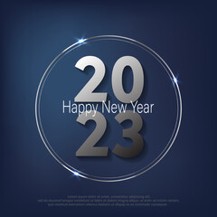 Happy New Year 2023. metal number, text with circle frame on blue gradient background.