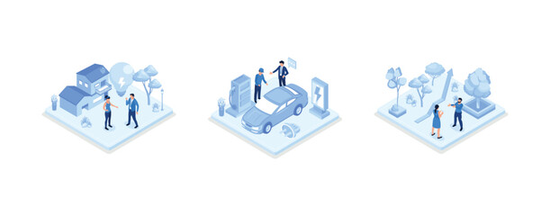 Green energy illustration set. Characters showing eco private house, electric car and green circular economy benefits. Renewable energy concept, set isometric vector illustration