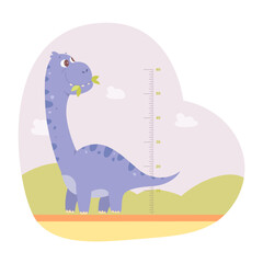 Height measuring scale for kids with cute dino vector illustration. Cartoon tall animal and baby growth meter with scale in inches, sticker with ruler and funny character isolated on white