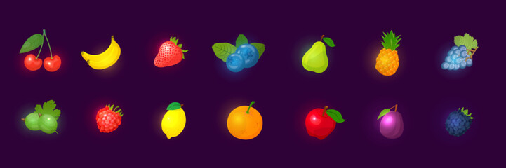 Neon glowing fruit set for gambling slot machine, game elements template and buttons