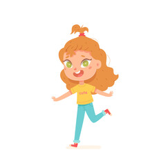 Happy girl jumping, active child running, sport exercises in summer park, healthy walk